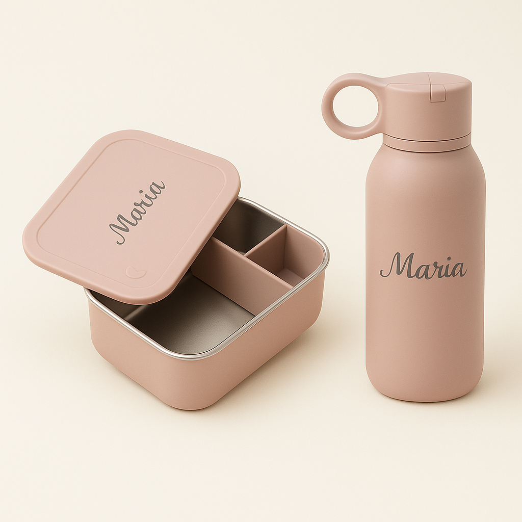 Kit Lancheira Personalizada – Bento Box Inox + Garrafinha