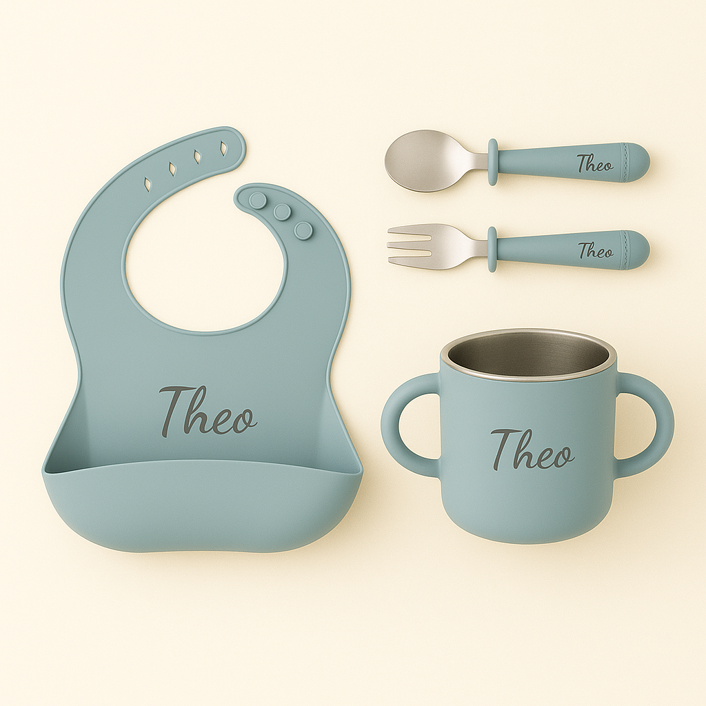 Kit Alimentação Start – Copinho Inox + Babador + Talheres